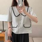 Short-sleeve Collared Button-up Pocketed Blouse