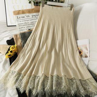 Lace-hem Ribbed-knit Midi Skirt In 5 Colors