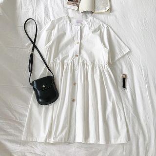 Plain V-neck Short-sleeve Dress White - One Size