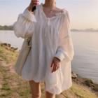 Flower Trim V-neck Long-sleeve Shirt White - One Size
