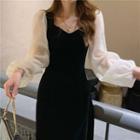 Puff-sleeve Two Tone Velvet Midi Dress