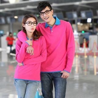 Couple Matching Long-sleeve Contrast Trim Polo Shirt