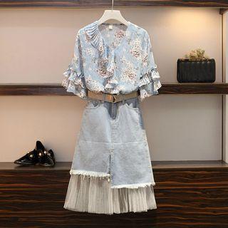 Set: Floral Short-sleeve Chiffon Blouse + Denim Midi Skirt