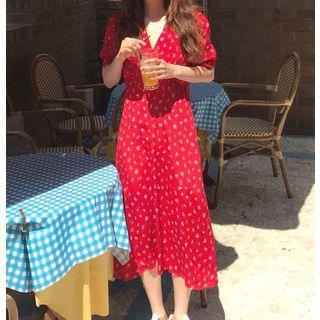 Floral Print Short-sleeve A-line Midi Dress Red - One Size