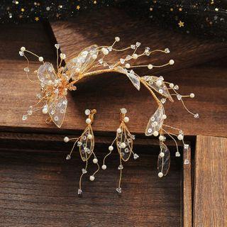 Wedding Set: Faux Pearl Branches Headband + Fringed Earring Headband & 1 Pair Clip On Earrings - One Size