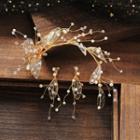 Wedding Set: Faux Pearl Branches Headband + Fringed Earring Headband & 1 Pair Clip On Earrings - One Size