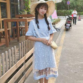 Set: Short Sleeve Elbow Sleeve T-shirt Dress + Mesh Suspender Midi Skirt