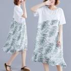 Short-sleeve Leaf Print Midi Chiffon Dress