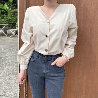 Balloon-sleeve Button-trim Blouse