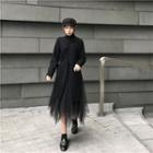 Turtleneck Slit Sweater / Asymmetrical Midi Mesh Skirt