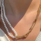 Layered Faux Pearl Chain Necklace 4515 - Gold - One Size