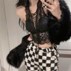 Faux Fur Jacket / Sleeveless Lace Top / Checkerboard Pants