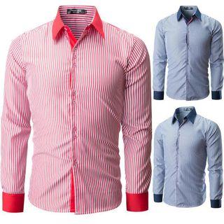 Long-sleeve Contrast Trim Striped Shirt