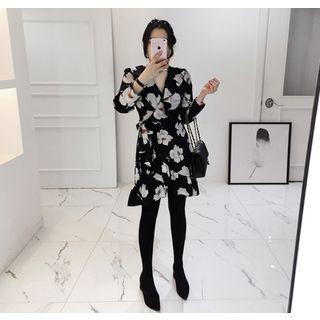 Floral Pattern Ruffled Surplice-wrap Dress