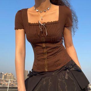 Short Sleeve Square-neck Bow-accent Lace-trim Crop Top