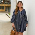 V-neck Long-sleeve Striped A-line Dress