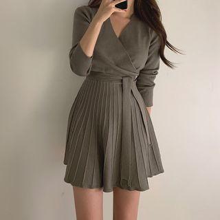 Long-sleeve Tie-waist Knit Mini A-line Dress