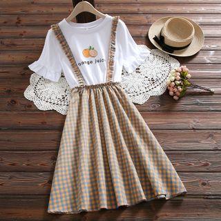 Short-sleeve Mock Two-piece Fruit Print Midi A-line Dress