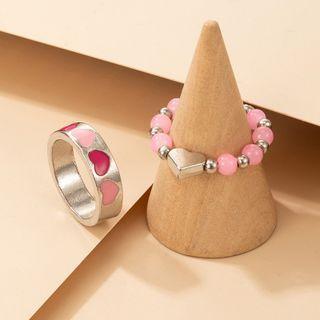 Set Of 2: Heart Ring + Bead Ring 19732 - Silver - One Size