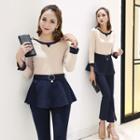 Set: Long-sleeve Ruffle Hem Top + Slit Boot Cut Pants