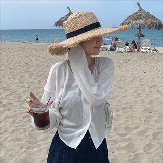 Long-sleeve Buttoned V-neck Blouse White - One Size