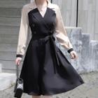 Two-tone Tie-waist Long-sleeve Collared Dress