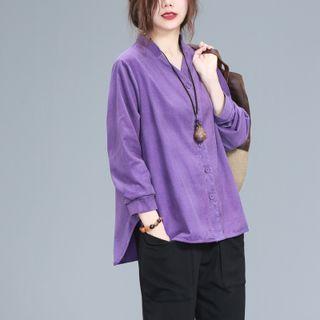 3/4-sleeve V-neck Corduroy Blouse