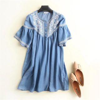 Short-sleeve Embroidered Denim Dress Blue - L