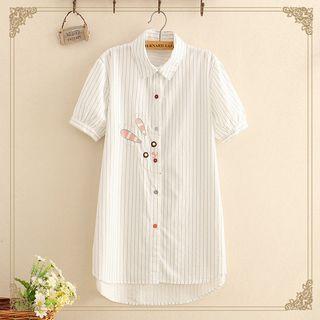 Rabbit Embroidered Striped Short Sleeve Shirt