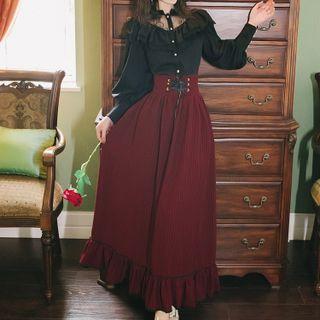 Long-sleeve Lace Panel Ruffled Blouse / Lace-up Striped Midi A-line Skirt / Set