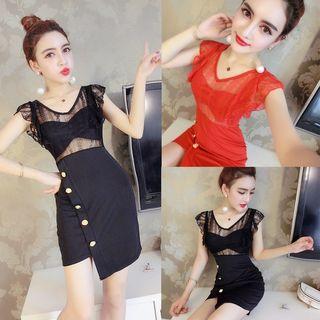 Lace Panel Cap-sleeve Bodycon Dress