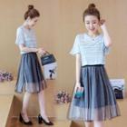 Set: Short-sleeve Top + Mesh Spaghetti-strap Dress