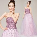 Strapless Sequined Bowed A-line Evening Gown
