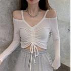 Long-sleeve Cold Shoulder Drawstring Cropped Knit Top