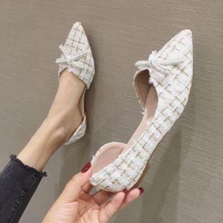 Pointy-toe Faux Pearl Bow Tweed Dorsay Flats