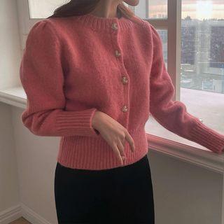Puff-shoulder Heart-button Cardigan