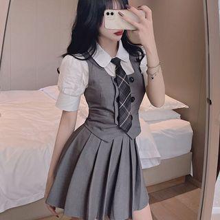 Short-sleeve Shirt / Vest / Pleated Skirt / Neck Tie / Set