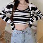Striped Camisole Crop Top / Striped Cropped Cardigan Stripes - Black & White - One Size