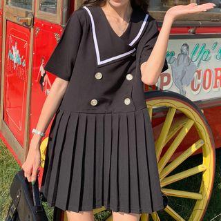 Sailor Collar Double-breasted Pleated Dress