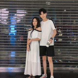 Couple Matching Contrast Trim Short-sleeve T-shirt / Maxi A-line Dress