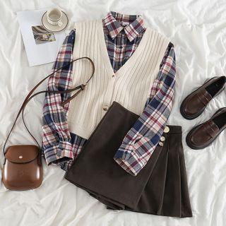 Plaid Shirt / Button-up Sweater Vest / Skort