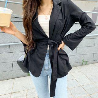 Single-breasted Textured Blazer With Sash