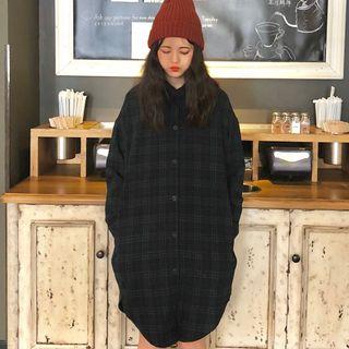 Curved-hem Plaid Shirtdress
