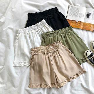 Plain Ruffled-trim High-waist Wide-leg Shorts