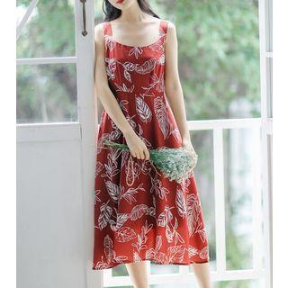 Sleeveless Leaf Printed Midi Dress