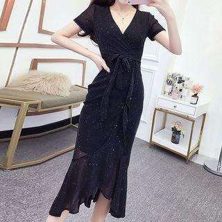 Glitter Short-sleeve Ruffle Hem Midi Sheath Dress