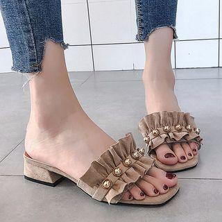 Faux Pearl Low Heel Slide Sandals