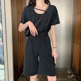 Short-sleeve Glitter Tee Black - One Size