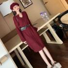 V-neck Long-sleeve Chunky Knit Dress / Faux-leather Belt Bag