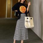 Elbow-sleeve Crew-neck Loose-fit Print T-shirt & Color-block High-waist Midi Dress